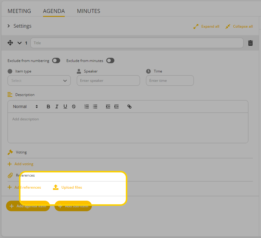 Upload files in Agenda function placement