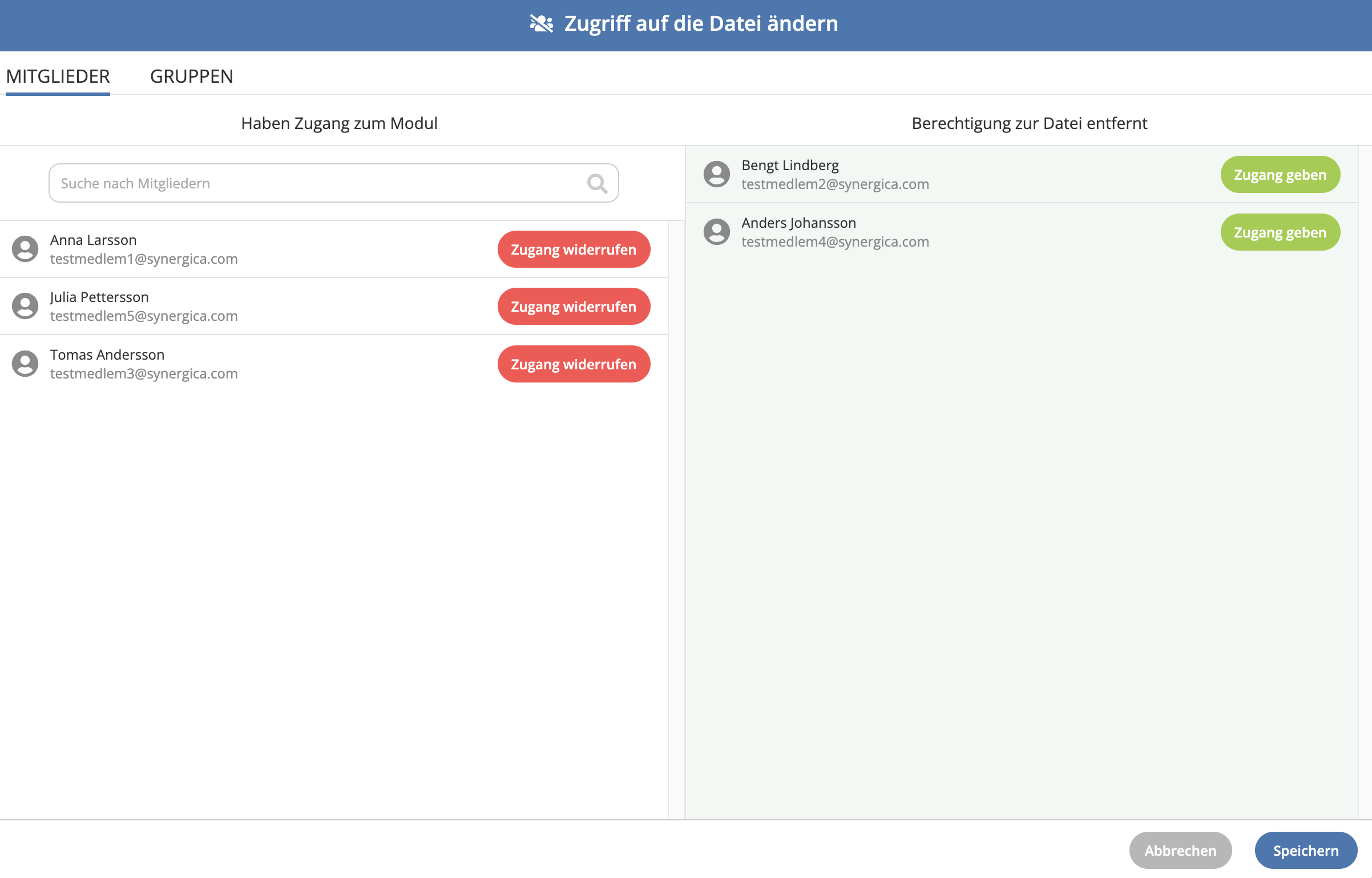 Screenshot von Zugang pro Datei in TeamEngine