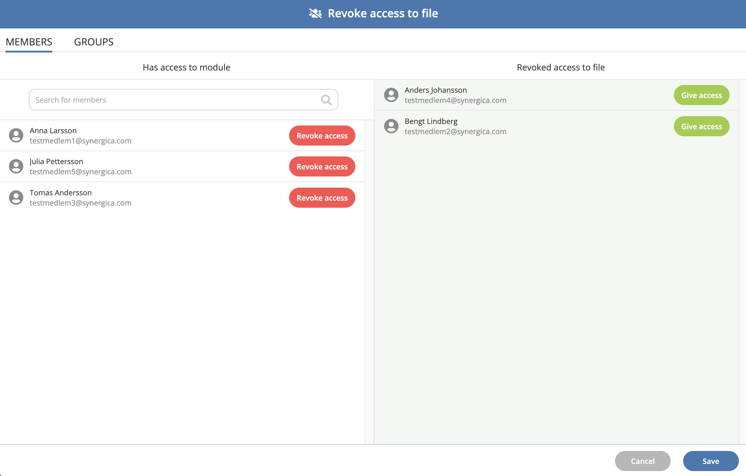 Screenshot of Access per File in TeamEngine