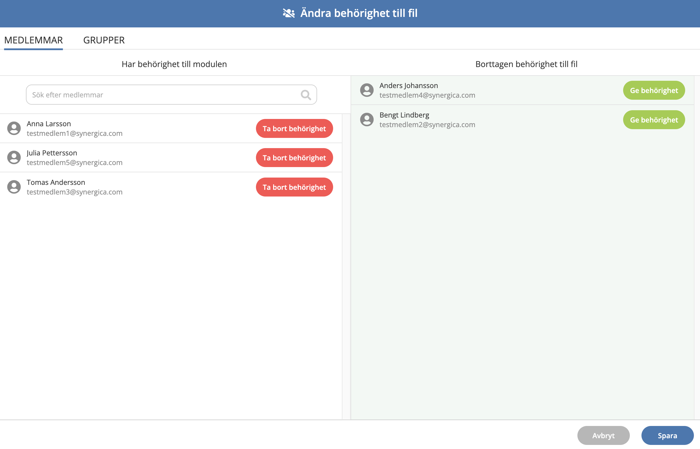 Skärmdump av Behörighet per fil i TeamEngine