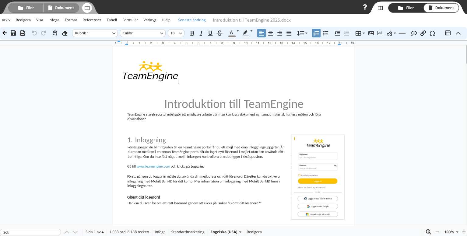 Skärmdump av Online-redigering i TeamEngine
