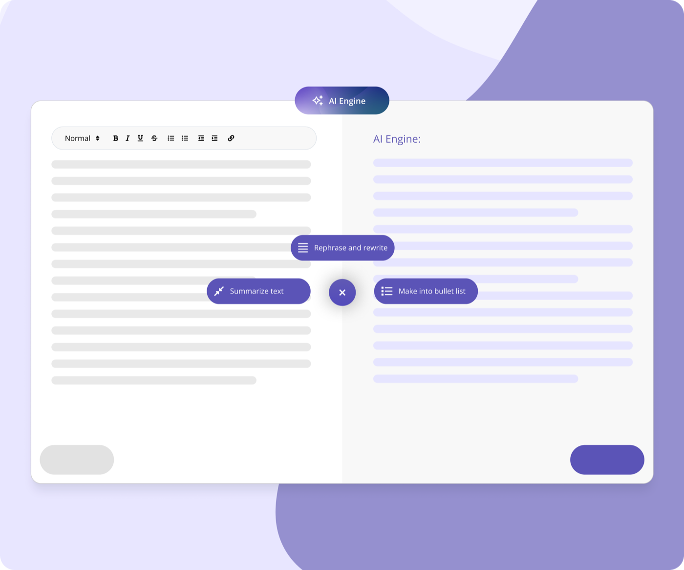 AI Engine in the minutes editor, with options to summarise, rephrase or make a bullet list