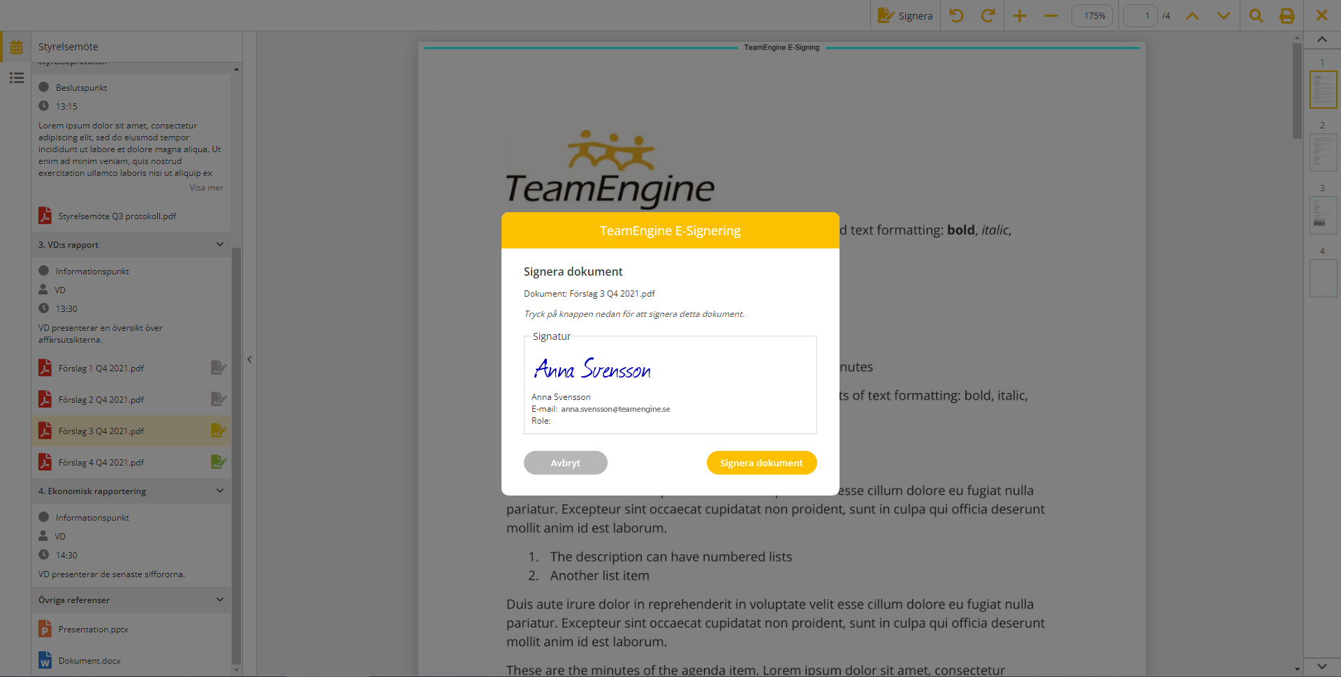 TeamEngine Styrelseportal - E-signering