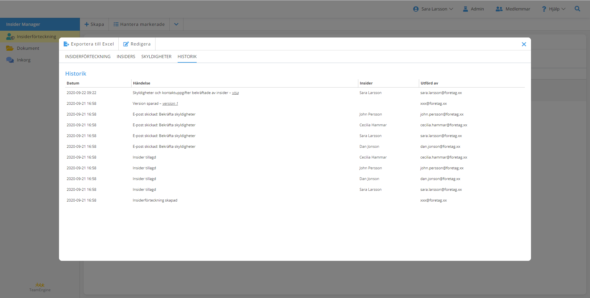 TeamEngine Insider Manager - Historik